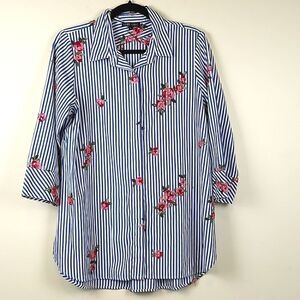 Boho Chic Striped Button Front 3/4 Sleeve Blouse Top with Floral Embroidery